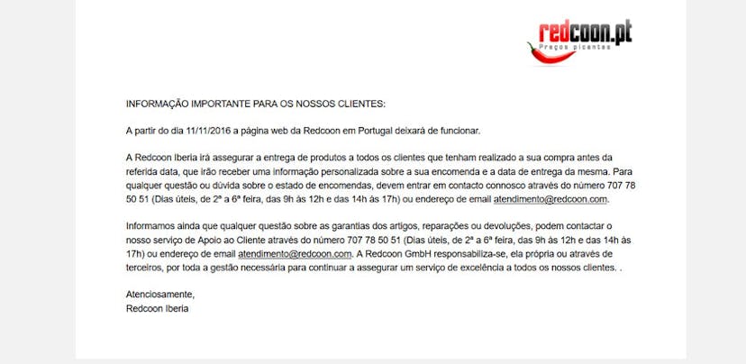 Aviso da Redcoon Ibéria sobre encerramento e apoio ao cliente.