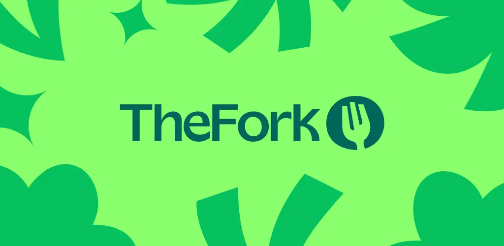 Logo TheFork com fundo verde desenhos abstratos.